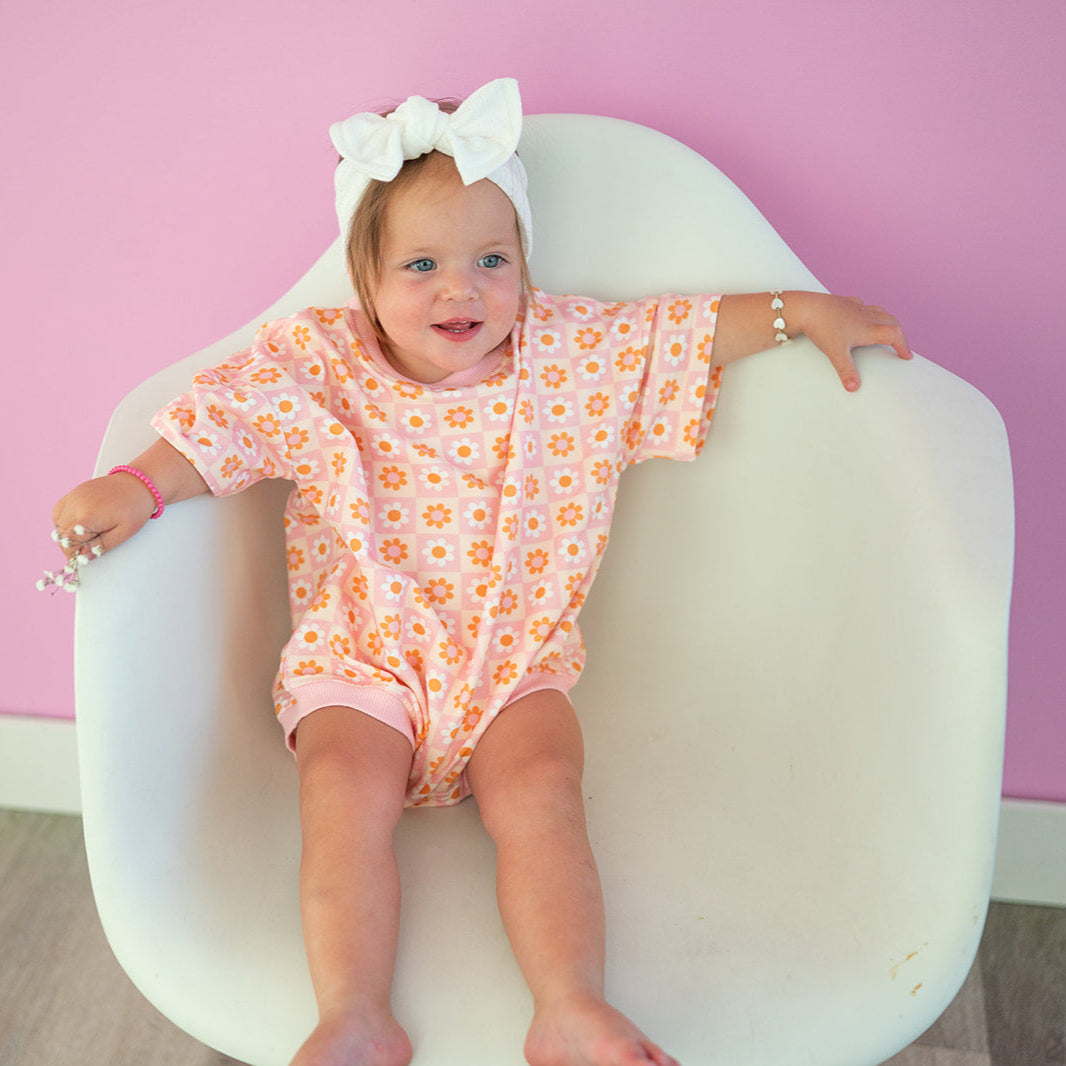 Oversized T-shirt Bubble Romper- Boho Daisy Check