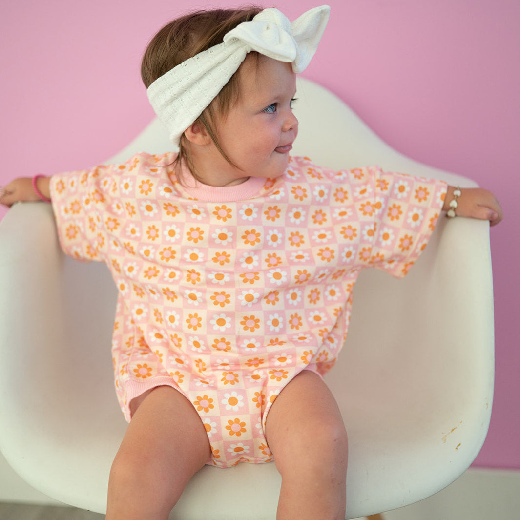 Oversized T-shirt Bubble Romper- Boho Daisy Check