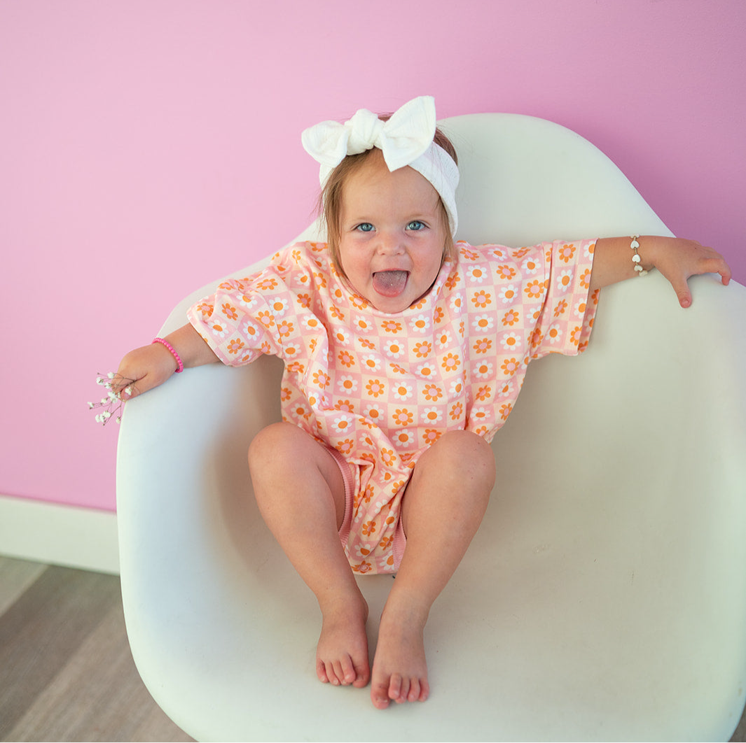 Oversized T-shirt Bubble Romper- Boho Daisy Check