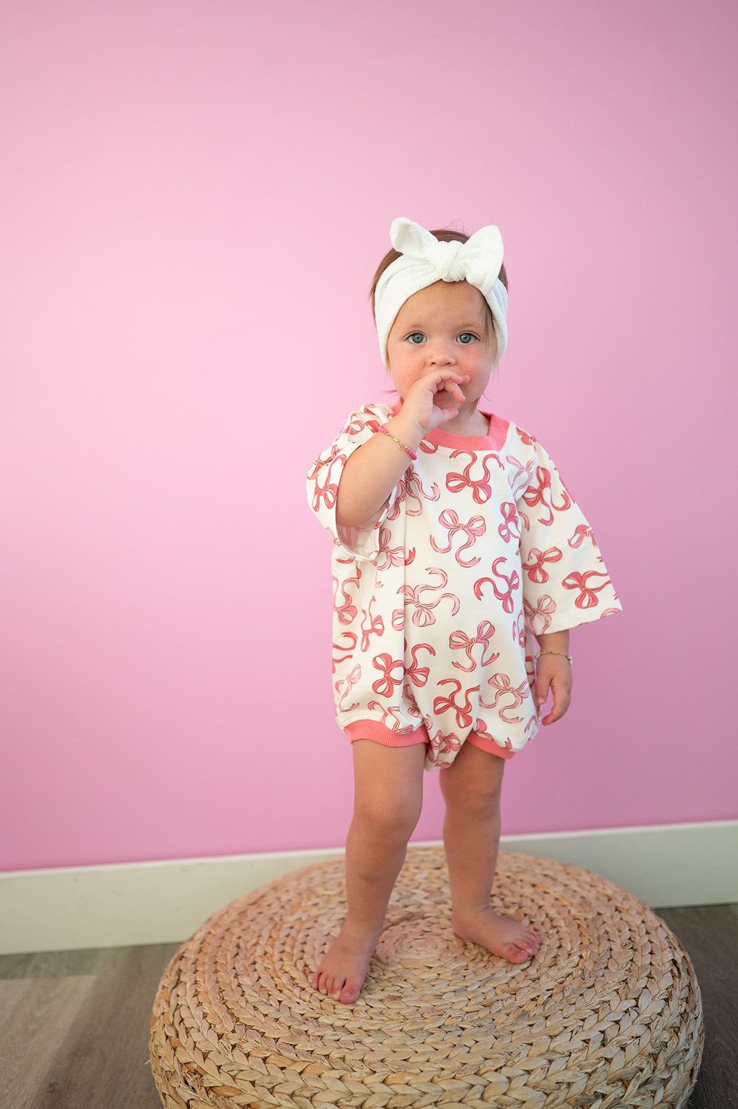 Oversized T-shirt Bubble Romper- Pink Bow