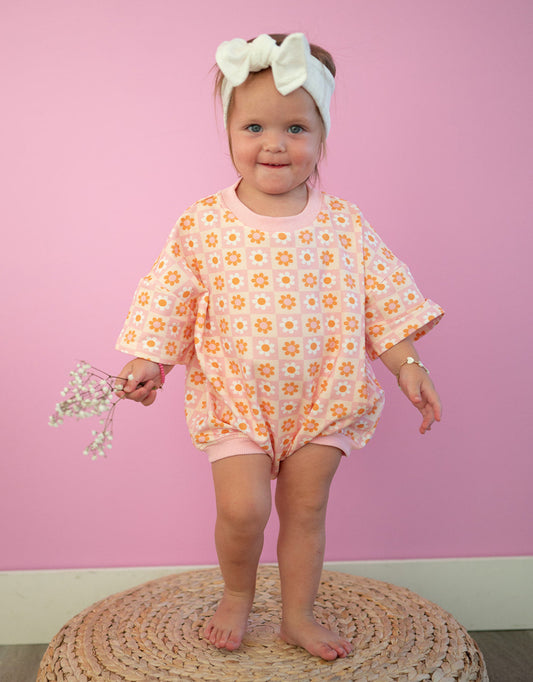 Oversized T-shirt Bubble Romper- Boho Daisy Check