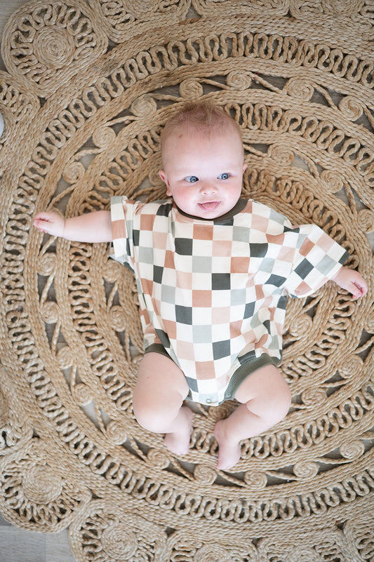 Oversized T-shirt Bubble Romper- Sage Check