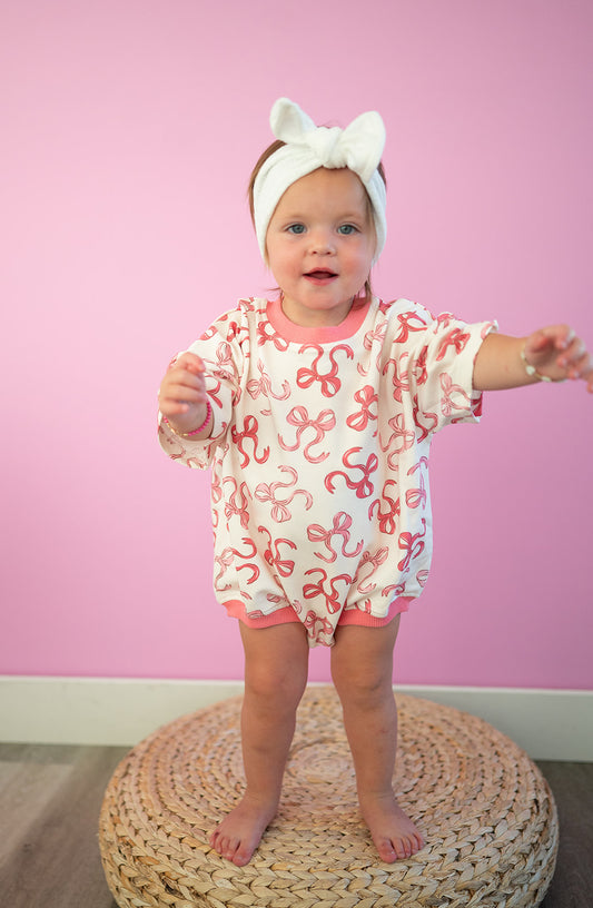 Oversized T-shirt Bubble Romper- Pink Bow
