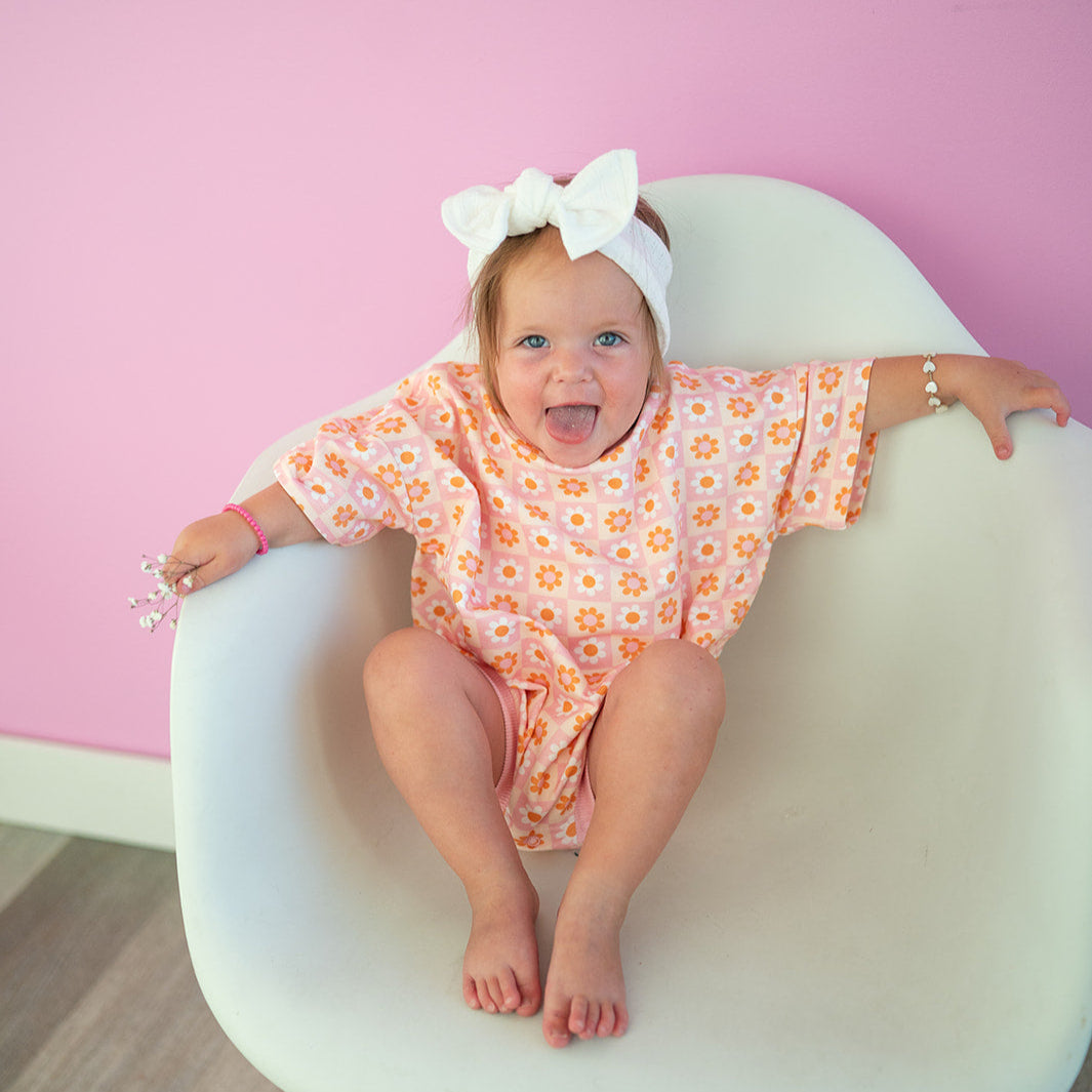 Oversized T-shirt Bubble Romper- Boho Daisy Check