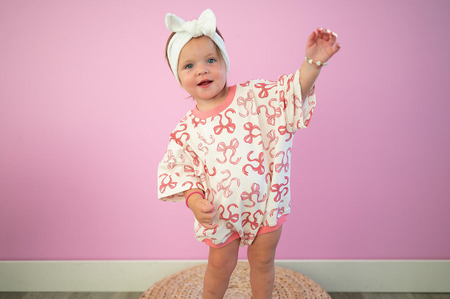 Oversized T-shirt Bubble Romper- Pink Bow
