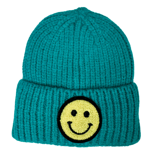 Frosted Teal Smile Patch Beanie